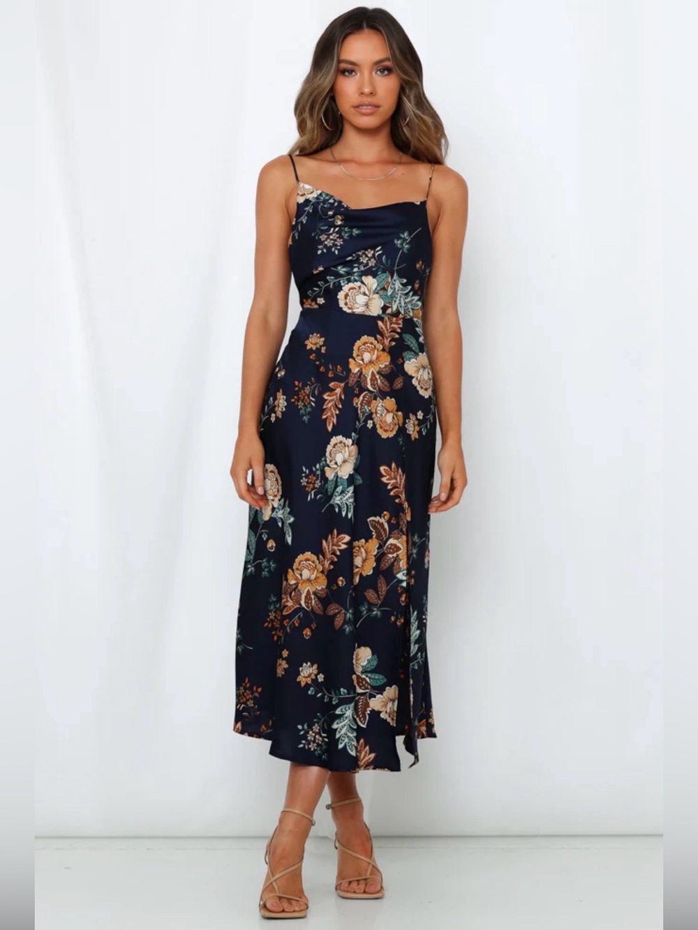 Hello Molly Navy Floral Spaghetti Strap Midi Dress